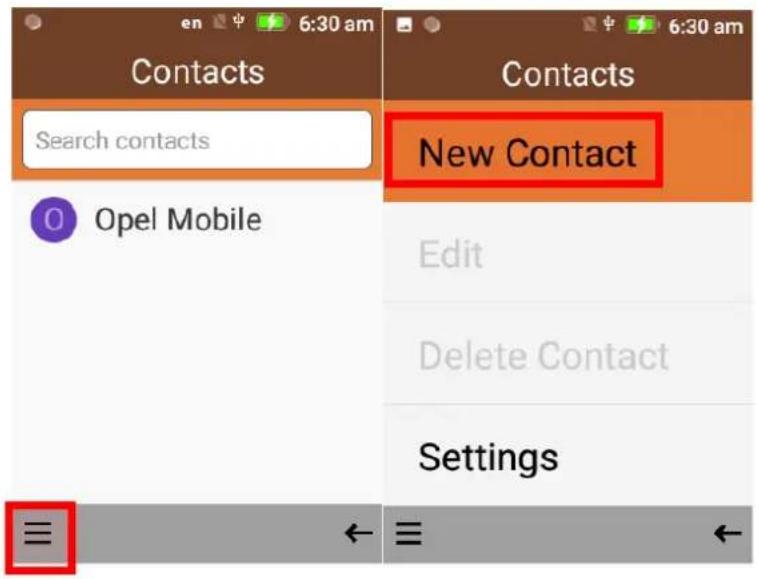 en 6:30 am Contacts Search contacts Opel Mobile Contacts New Contact Edit Delete Contact Settings ≡ ← ≡ ←