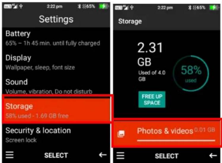Settings Battery 65% - 1h 45 min. until fully charged Display Wallpaper, sleep, font size Sound Volume, vibration, Do not disturb Storage 58% used - 1.69 GB free Security & location Screen lock SELECT Storage 2.31 GB Used of 4.0 GB 58% used FREE UP SPACE Photos & videos 0.01 GB SELECT