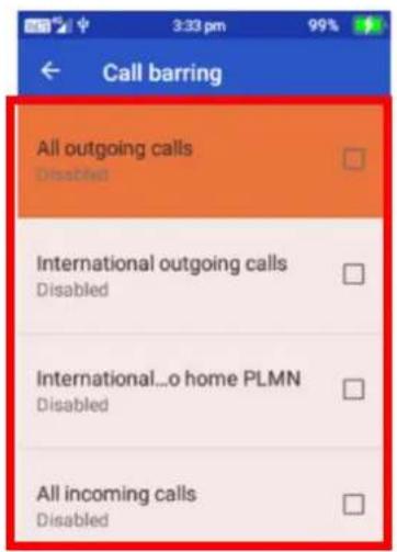 Call barring All outgoing calls Disabled International outgoing calls Disabled International...o home PLMN Disabled All incoming calls Disabled