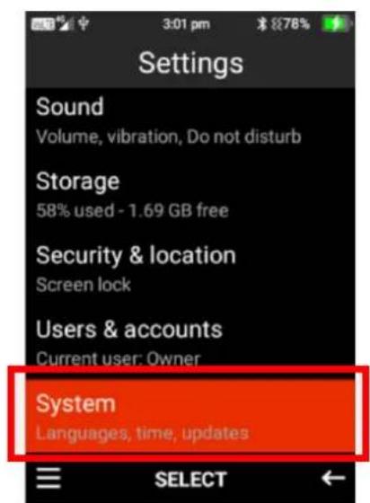 Settings Sound Volume, vibration, Do not disturb Storage 58% used - 1.69 GB free Security & location Screen lock Users & accounts Current user: Owner System Languages, time, updates SELECT