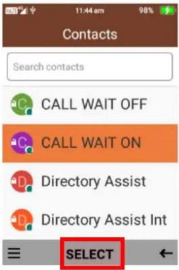Contacts Search contacts CALL WAIT OFF CALL WAIT ON Directory Assist Directory Assist Int SELECT