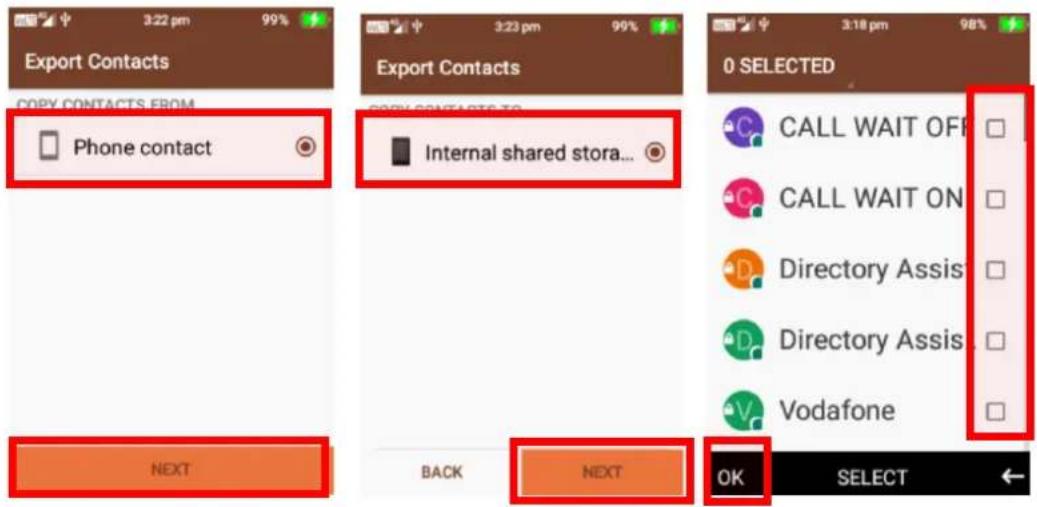 Export Contacts COPY CONTACTS FROM Phone contact NEXT Export Contacts COPR CONTACTS TO Internal shared stora... BACK NEXT OK SELECT 0 SELECTED CALL WAIT OFF CALL WAIT ON Directory Assis Directory Assis Vodafone
