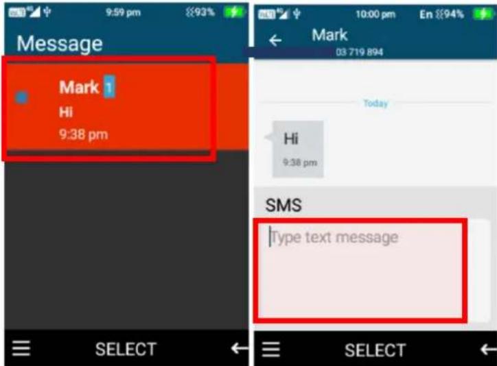 Message Mark 1 Hi 9:38 pm SELECT Mark 03 719 894 Today Hi 9:38 pm SMS Type text message