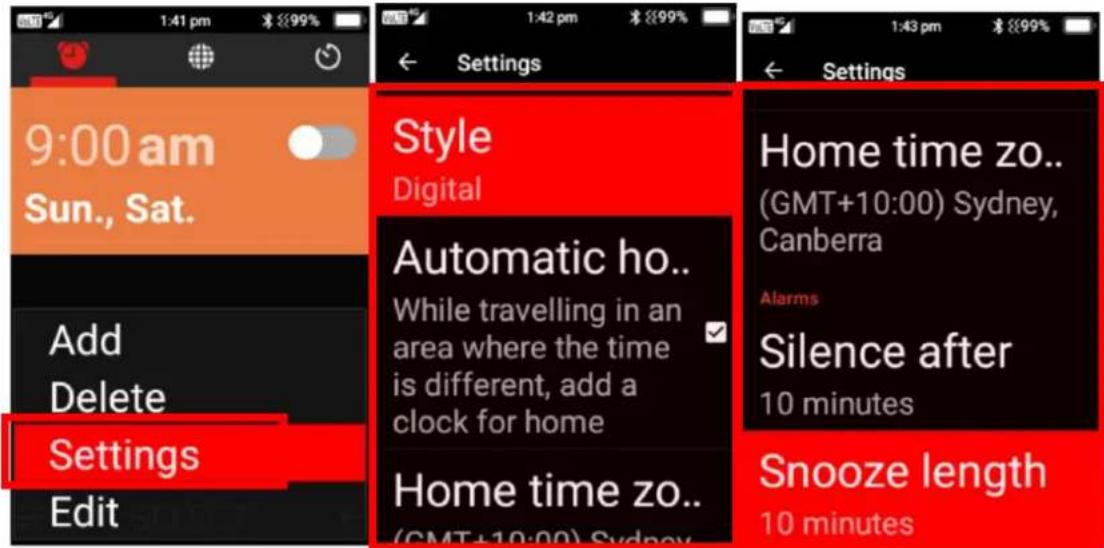 9:00 am Sun., Sat. Add Delete Settings Edit Style Digital Automatic ho.. While travelling in an area where the time is different, add a clock for home Home time zo.. (GMT+10:00) Sydney, Canberra Home time zo.. (GMT+10:00) Sydney, Canberra Alarms Silence after 10 minutes Snooze length 10 minutes