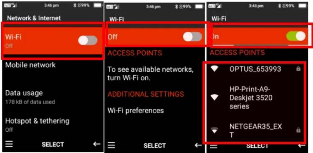 Network & Internet Wi-Fi Off Mobile network Data usage 178 kB of data used Hotspot & tethering Off SELECT Wi-Fi Off ACCESS POINTS To see available networks, turn Wi-Fi on. ADDITIONAL SETTINGS Wi-Fi preferences ACCESS POINTS OPTUS_653993 HP-Print-A9- Deskjet 3520 series NETGEAR35_EX T SELECT