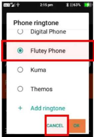 Phone ringtone ○ Digital Phone ● Flutey Phone ○ Kuma ○ Themos + Add ringtone CANCEL OK