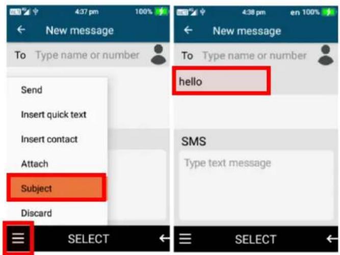 New message To Type name or number Send Insert quick text Insert contact Attach Subject Discard hello SMS Type text message SELECT SELECT