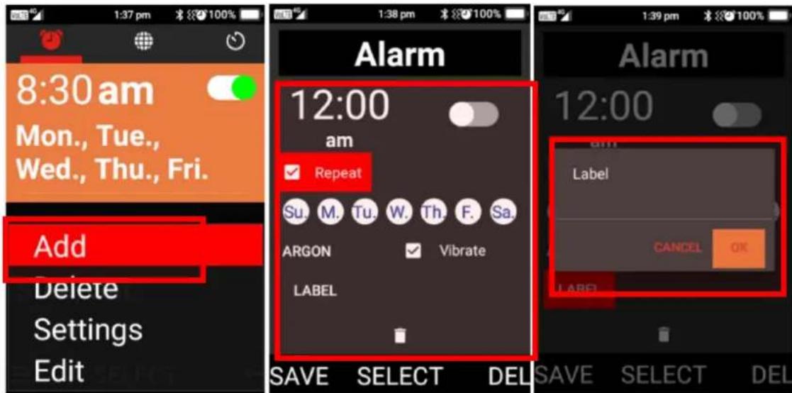 8:30 am Mon., Tue., Wed., Thu., Fri. Add Delete Settings Edit 12:00 am Repeat Su. M. Tu. W. Th. F. Sa. ARGON Vibrate LABEL SAVE SELECT DEL 12:00 Label CANCEL OK ALAB