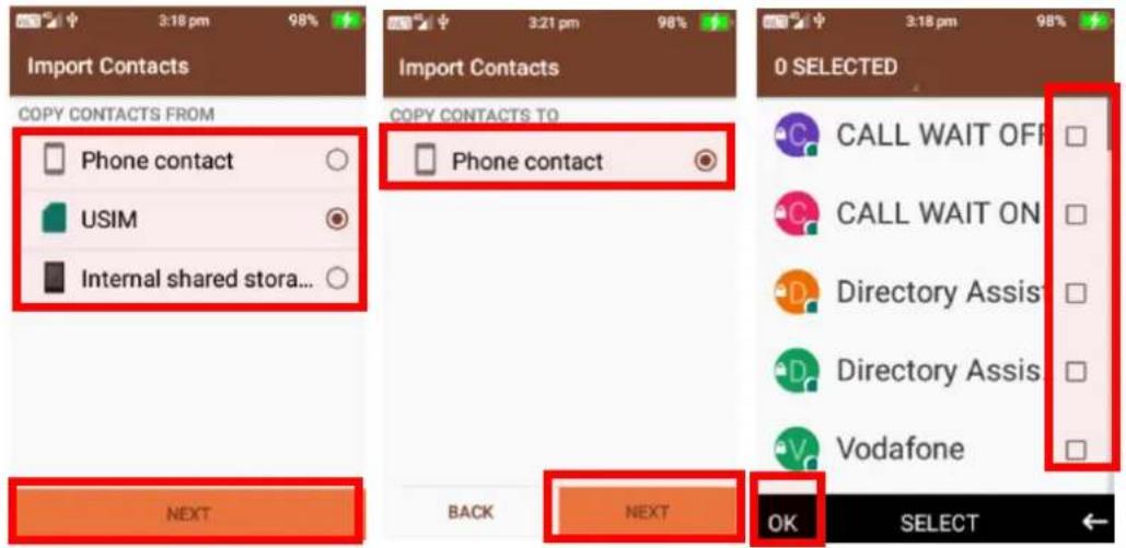 Import Contacts COPY CONTACTS FROM Phone contact USIM Internal shared stora... NEXT Back NEXT Import Contacts COPY CONTACTS TO Phone contact 0 SELECTED CALL WAIT OFF CALL WAIT ON Directory Assis Directory Assis Vodafone OK SELECT