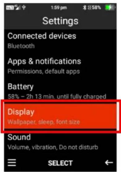 Settings Connected devices Bluetooth Apps & notifications Permissions, default apps Battery 58% - 2h 13 min. until fully charged Display Wallpaper, sleep, font size Sound Volume, vibration, Do not disturb SELECT