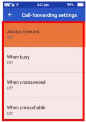 Call-forwarding settings Always forward Off When busy Off When unanswered Off When unreachable Off