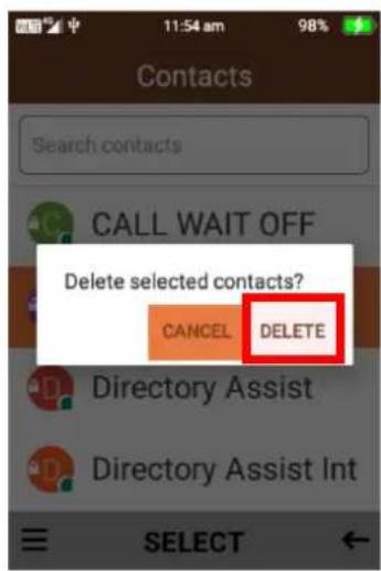 Contacts Search contacts CALL WAIT OFF Delete selected contacts? CANCEL DELETE Directory Assist Directory Assist Int SELECT