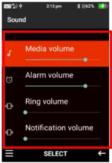Sound Media volume Alarm volume Ring volume Notification volume SELECT