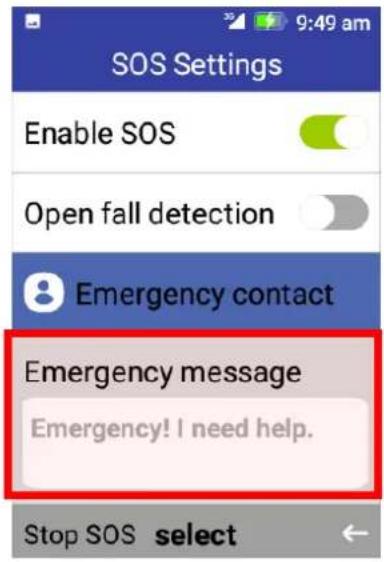 9:49 am SOS Settings Enable SOS Open fall detection Emergency contact Emergency message Emergency! I need help. Stop SOS select