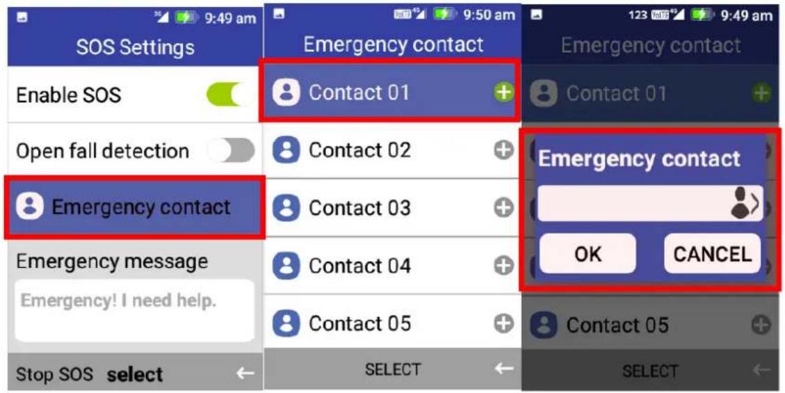 9:49 am SOS Settings Enable SOS Open fall detection Emergency contact Emergency message Emergency! I need help. Stop SOS select Emergency contact Contact 01 Contact 02 Contact 03 Contact 04 Contact 05 SELECT SELECT 123 Volts 9:49 am Emergency contact Contact 01 Emergency contact OK CANCEL Contact 05