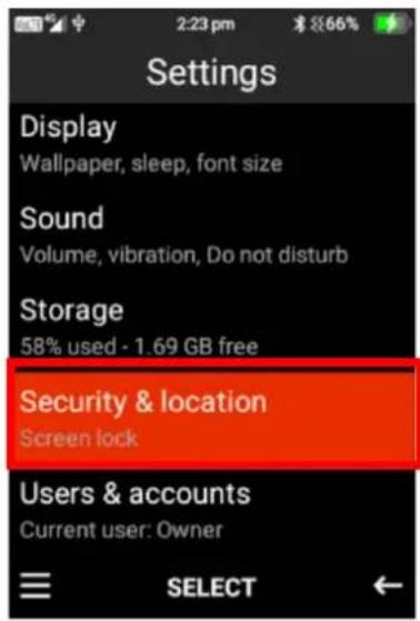 Settings Display Wallpaper, sleep, font size Sound Volume, vibration, Do not disturb Storage 58% used - 1.69 GB free Security & location Screen lock Users & accounts Current user: Owner SELECT