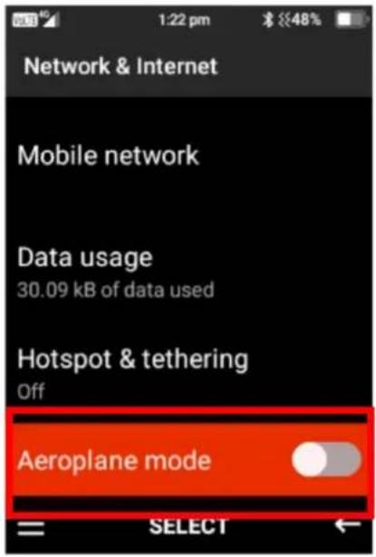 Network & Internet Mobile network Data usage 30.09 kB of data used Hotspot & tethering Off Aeroplane mode = SELECT ←