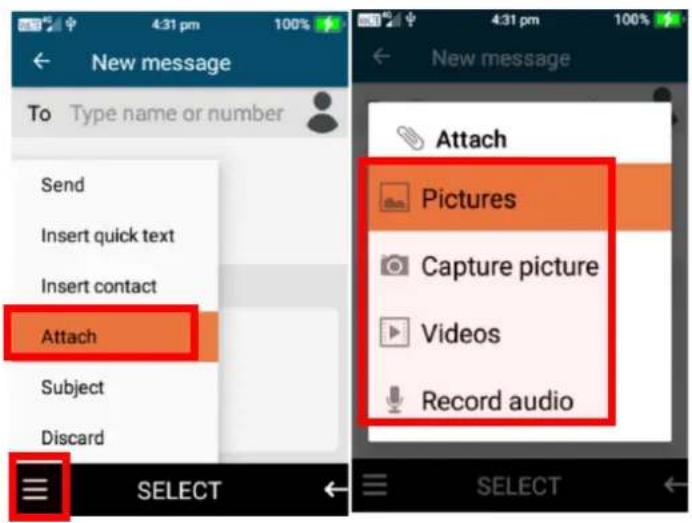 New message To Type name or number Send Insert quick text Insert contact Attach Subject Discard Attach Pictures Capture picture Videos Record audio SELECT SELECT