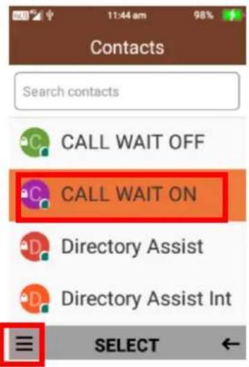 Contacts Search contacts CALL WAIT OFF CALL WAIT ON Directory Assist Directory Assist Int ≡ SELECT ←