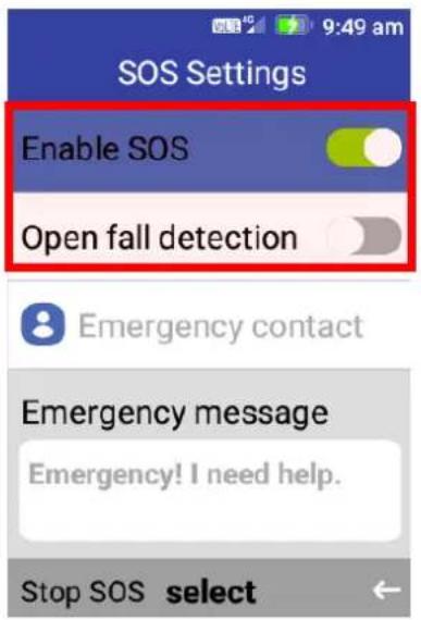 9:49 am SOS Settings Enable SOS Open fall detection Emergency contact Emergency message Emergency! I need help. Stop SOS select