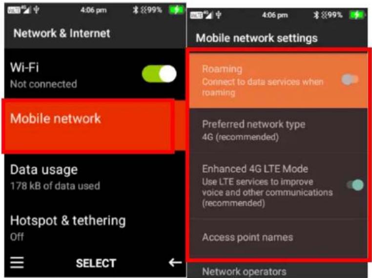 Network & Internet Wi-Fi Not connected Mobile network Data usage 178 kB of data used Hotspot & tethering Off SELECT Mobile network settings Roaming Connect to data services when roaming Preferred network type 4G (recommended) Enhanced 4G LTE Mode Use LTE services to improve voice and other communications (recommended) Access point names Network operators