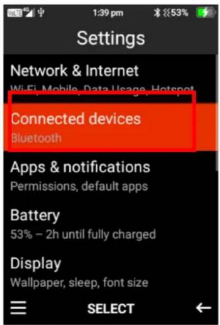 Settings Network & Internet WiFi Mobile Data Usage Hotspot Connected devices Bluetooth Apps & notifications Permissions, default apps Battery 53% – 2h until fully charged Display Wallpaper, sleep, font size ≡ SELECT ←