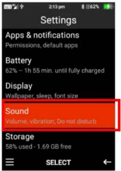Settings Apps & notifications Permissions, default apps Battery 62% – 1h 55 min. until fully charged Display Wallpaper, sleep, font size Sound Volume, vibration, Do not disturb Storage 58% used - 1.69 GB free SELECT