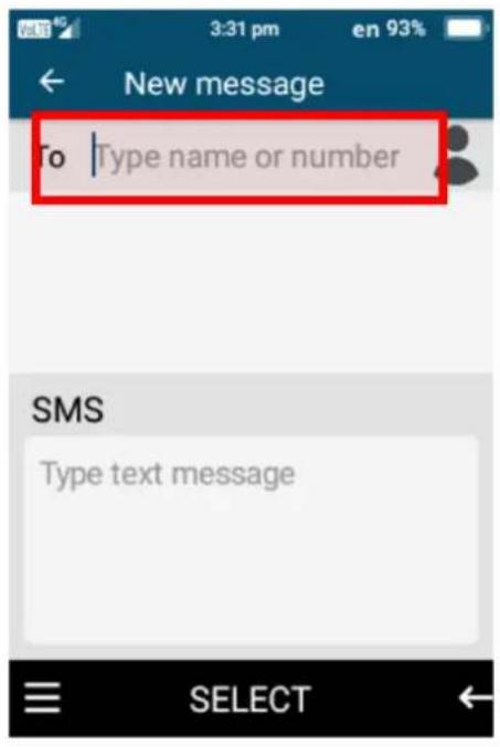 New message To | Type name or number SMS Type text message SELECT