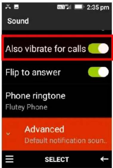 Sound Also vibrate for calls Flip to answer Phone ringtone Flutey Phone Advanced Default notification soun.. SELECT
