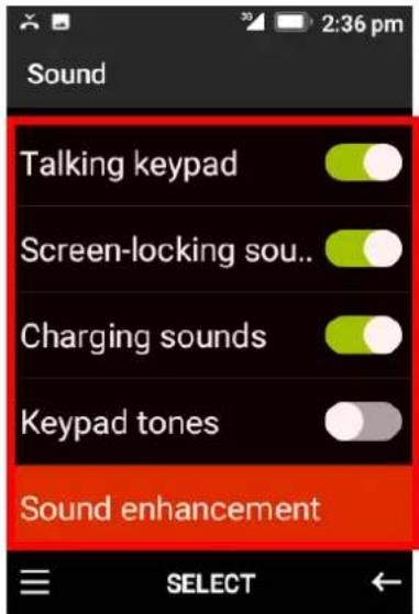Sound Talking keypad Screen-locking sou.. Charging sounds Keypad tones Sound enhancement SELECT