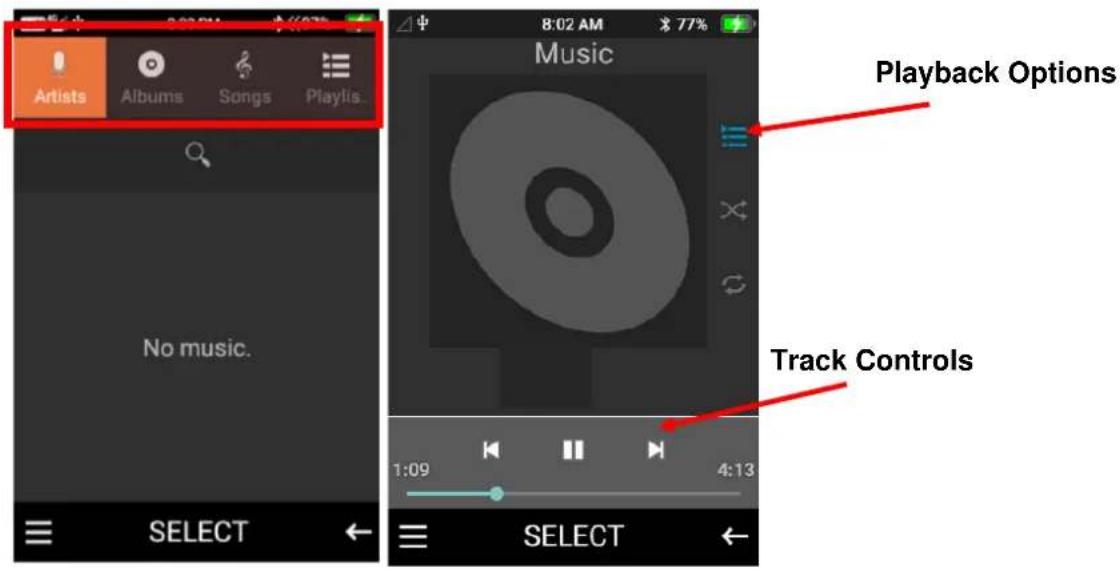 Artists Albums Songs Playlis... No music. SELECT 8:02 AM 77% Music Playback Options Track Controls 1:09 4:13 SELECT