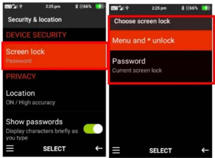 Security & location DEVICE SECURITY Screen lock Password PRIVACY Location ON / High accuracy Show passwords Display characters briefly as you type SELECT Choose screen lock Menu and * unlock Password Current screen lock SELECT