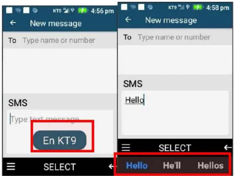 KT9 39 4:56 pm New message To Type name or number SMS Type text message En KT9 SELECT New message To Type name or number SMS Hello SELECT Hello He'll Hellos