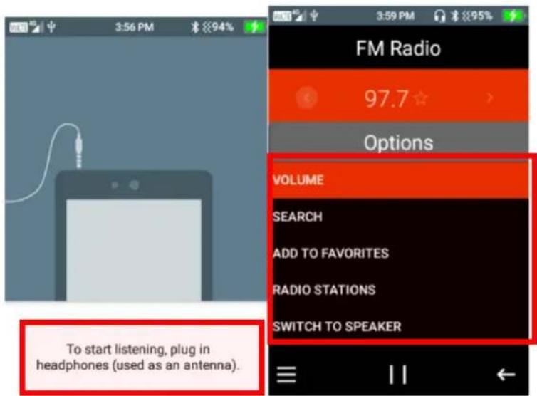 FM Radio 97.7 ★ > Options VOLUME SEARCH ADD TO FAVORITES RADIO STATIONS SWITCH TO SPEAKER To start listening, plug in headphones (used as an antenna).