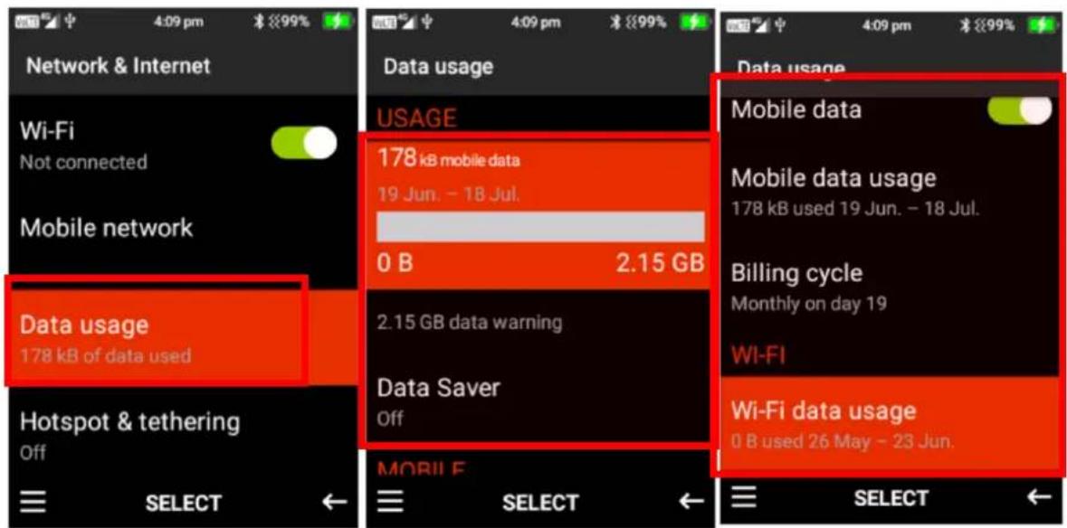 Network & Internet Wi-Fi Not connected Mobile network Data usage 178 kB of data used Hotspot & tethering Off SELECT Data usage USAGE 178 kB mobile data 19 Jun. - 18 Jul. 0 B 2.15 GB 2.15 GB data warning Data Saver Off MOBILE SELECT Data usage Mobile data Mobile data usage 178 kB used 19 Jun. - 18 Jul. Billing cycle Monthly on day 19 Wi-FI Wi-Fi data usage 0 B used 26 May - 23 Jun. SELECT