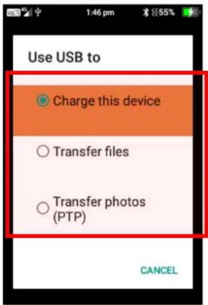 Use USB to Charge this device Transfer files Transfer photos (PTP) CANCEL