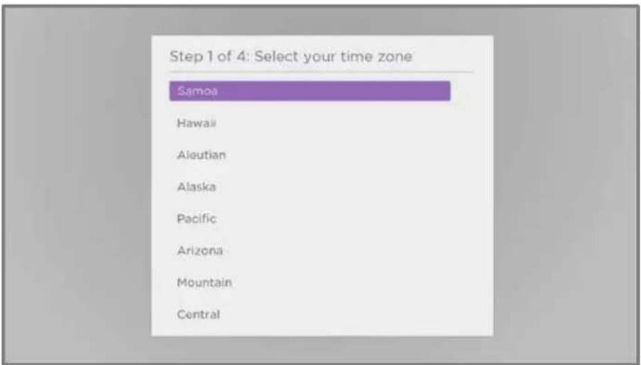 Step 1 of 4: Select your time zone Samoa Hawaii Aleutian Alaska Pacific Arizona Mountain Central
