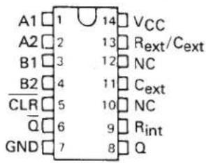 A1 1 14 VCC A2 2 13 Rext/Cext B1 3 12 NC B2 4 11 Cext CLR 5 10 NC Q 6 9 Rint GND 7 8 Q