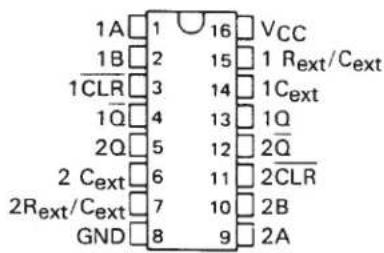1A 1 16 VCC 1B 2 15 1 Rext/Cext 1CLR 3 14 1Cext 1Q 4 13 1Q 2Q 5 12 2Q 2 Cext 6 11 2CLR 2Rext/Cext 7 10 2B GND 8 9 2A