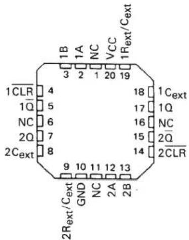 1B 1A NC VCC 1Rext/Cext 3 2 1 20 19 1CLR 4 18 1Cext 1Q 5 17 1Q NC 6 16 NC 2Q 7 15 2Q 2Cext 8 14 2CLR 9 10 11 12 13 2Rext/Cext GND NC 2A 2B