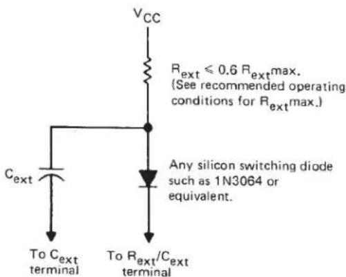VCC Rext ≤ 0.6 Rext max. (See recommended operating conditions for Rext max.) Cext Any silicon switching diode such as 1N3064 or equivalent. To Cext terminal To Rext/Cext terminal