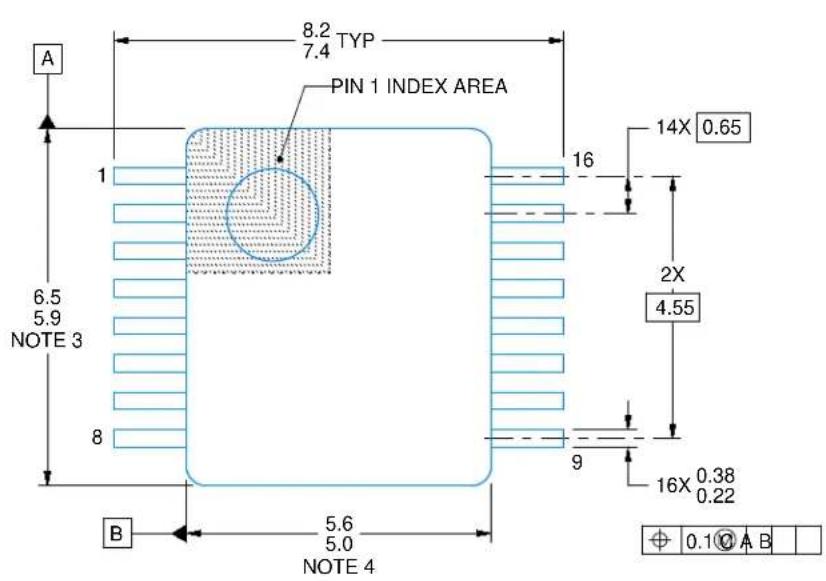 A 8.2 TYP 7.4 PIN 1 INDEX AREA 16 14X 0.65 6.5 5.9 NOTE 3 2X 4.55 8 9 16X 0.38 0.22 B 5.6 5.0 NOTE 4 ⊕ 0.1@ A B