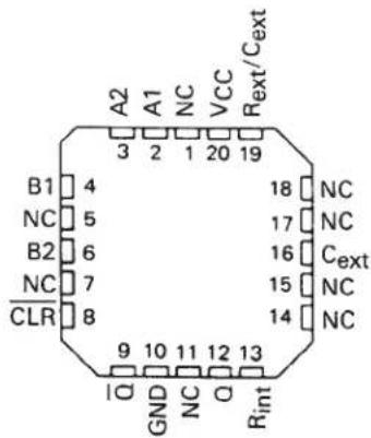 A2 A1 NC VCC Rext/Cext 3 2 1 20 19 B1 4 18 NC NC 5 17 NC B2 6 16 Cext NC 7 15 NC CLR 8 14 NC 9 10 11 12 13 I Q GND NC Q Rint