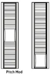 Two identical architectural diagrams of a window frame with horizontal slats, labeled 'Pitch Mod' below (no text or symbols within the diagrams)