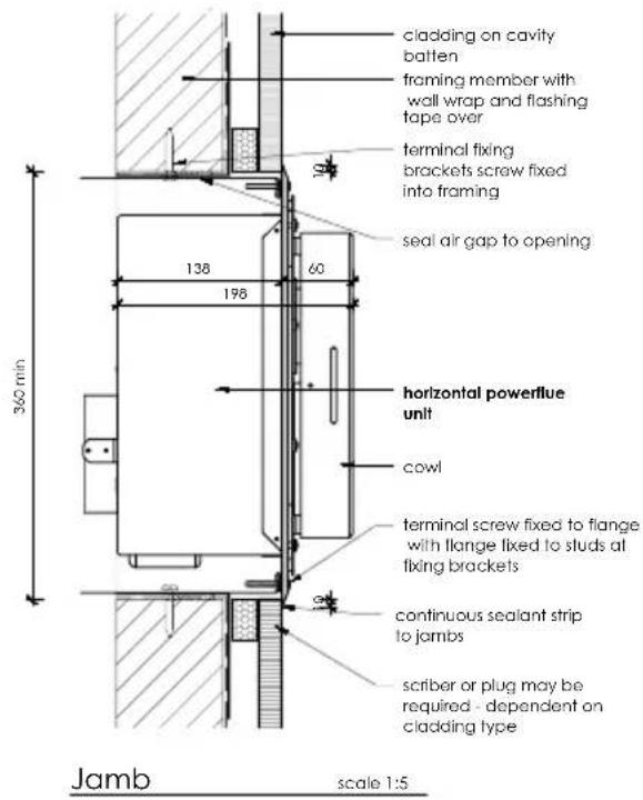 cladding on cavity batten framing member with wall wrap and flashing tape over terminal fixing brackets screw fixed into framing seal air gap to opening 138 60 196 horizontal powerflue unit cowl terminal screw fixed to flange with flange fixed to studs at fixing brackets continuous sealant strip to jambs scriber or plug may be required - dependent on cladding type Jamb scale 1:5
