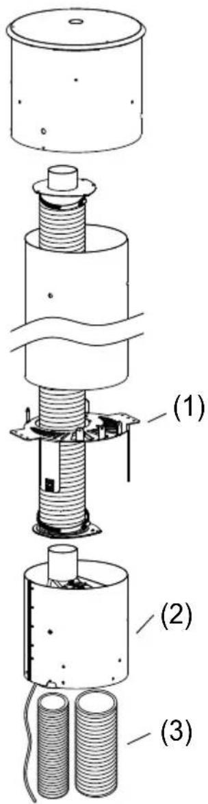 Technical diagram of a mechanical assembly with three labeled parts, showing internal components and structural details.