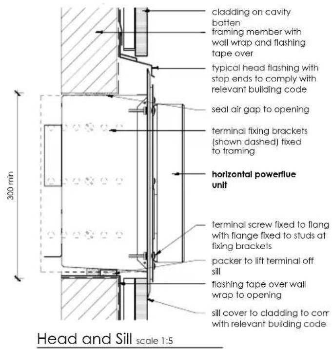 cladding on cavity batten framing member with wall wrap and flashing tape over typical head flashing with stop ends to comply with relevant building code seal air gap to opening terminal fixing brackets (shown dashed) fixed to framing horizontal powerflue unit terminal screw fixed to flang with flange fixed to studs at fixing brackets packer to lift terminal off sill flashing tape over wall wrap to opening sill cover to cladding to con with relevant building code 300 min Head and Sill scale 1:5