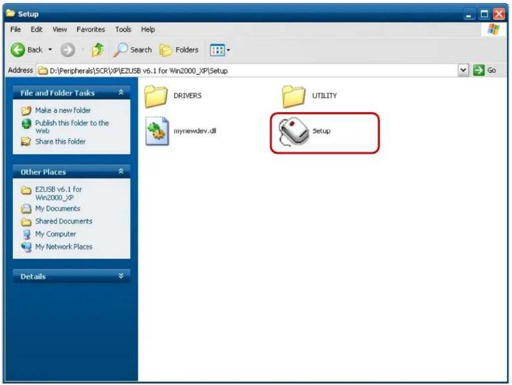 Setup File Edit View Favorites Tools Help Back Search Folders Address D:\Peripherals\SCR\XP\EZUSB v6.1 for Win2000_XP\Setup Go File and Folder Tasks Make a new folder Publish this folder to the Web Share this folder DRIVERS UTILITY mynewdev.dll Setup Other Places EZUSB v6.1 for Win2000_XP My Documents Shared Documents My Computer My Network Places Details