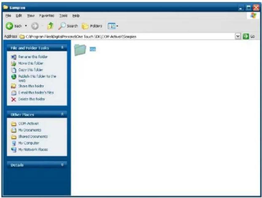 Samples File Edit View Favorites Tools Help Back Search Folders Address C:\Program Files\DigitalPerson0\One Touch SDK\COM Active\Samples Go File and Folder Tasks Rename this folder Move this folder Copy this folder Publish this folder to the web Share this folder E-mail this folder's files Delete this folder Other Places COM-Activex My Documents Shared Documents My Computer My Network Places Details