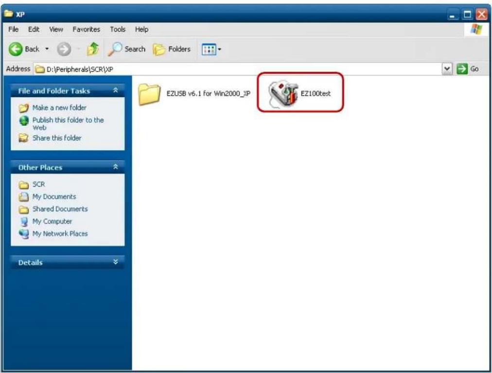 XP File Edit View Favorites Tools Help Back Search Folders Address D:\Peripherals\SCR\XP File and Folder Tasks Make a new folder Publish this folder to the Web Share this folder Other Places SCR My Documents Shared Documents My Computer My Network Places Details EZUSB v6.1 for Win2000_XP EZ100test Go